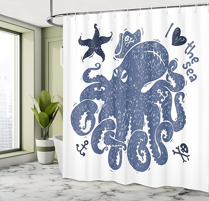 Ambesonne Octopus Shower Curtain, Nautical Theme Image of a Pirate Octopus with Anchors and Starfish Retro, Cloth Fabric Bathroom Decor Set with Hooks, 69" W x 70" L, White Blue