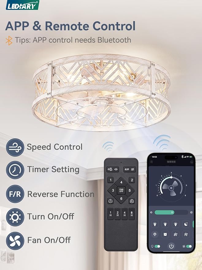 LEDIARY 20" Caged Ceiling Fan with Light, Small Flush Mount Ceiling Fan with App&Remote, Low Profile Bladeless Ceiling Fan Light Fixture 6 Speed, Reversible and Quiet Motor-White Gold