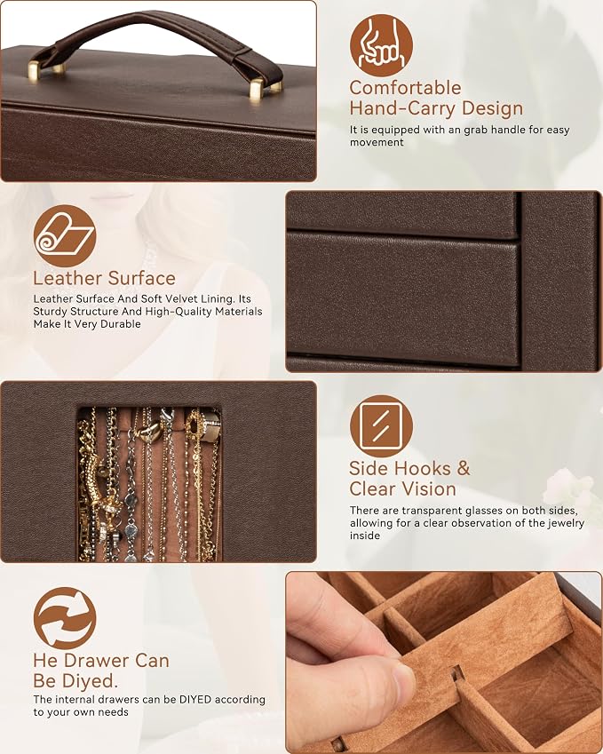 AKOZLIN 6-Tier Jewelry Box Organizer Functional 5 Drawers Leather Jewelry Storage Case for Women Girls Ring Necklace Earring Bracelet Holder Organizer with Mirror XL Brown 360° Rotating