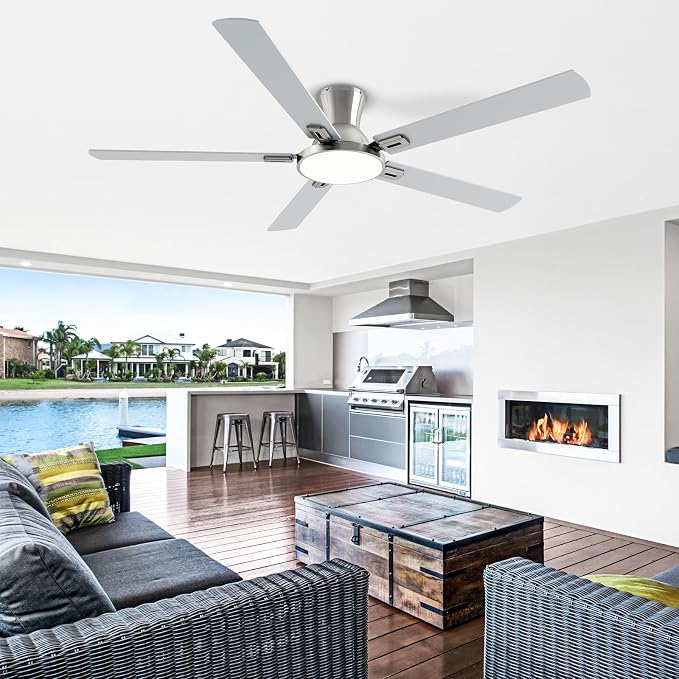 60 Inch Brushed Nickel Ceiling Fans with Lights and Remote, Flush Mount Low Profile 5 Blades Ceiling Fan with 10 Inch Lighting Fixture, Quiet Reversible DC Motor for Living Room, Bedroom and Patio