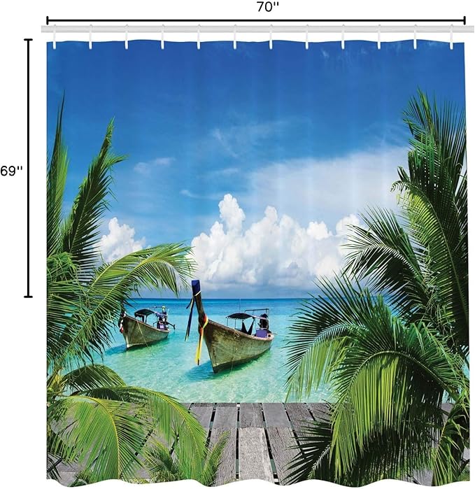 Ambesonne Tropical Shower Curtain, Beach and Tropical Sea Wooden Deck Floating Boats Sunshine Idyllic Daytime, Cloth Fabric Bathroom Decor Set with Hooks, 69" W x 70" L, Green Gray