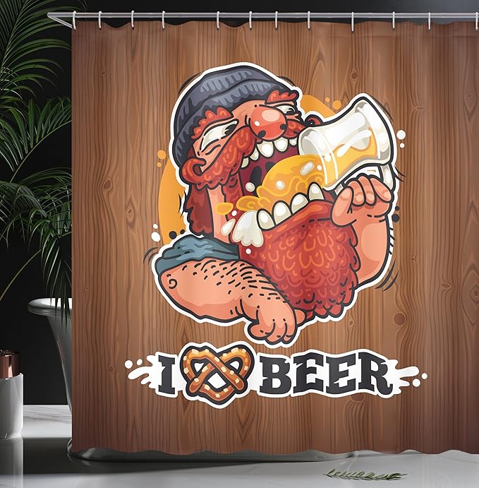 Ambesonne Manly Shower Curtain, Man Drinking Beer Beverage Glass Mustache Beard Enjoyment Rural, Cloth Fabric Bathroom Decor Set with Hooks, 69" W x 70" L, Pale Caramel