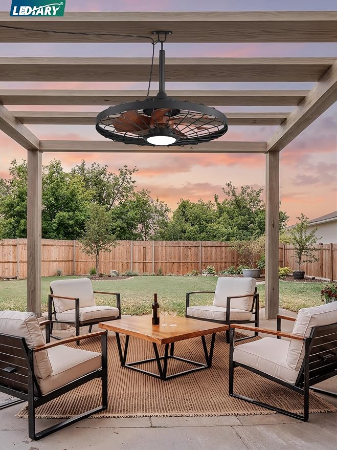 LEDIARY 24" Outdoor Ceiling Fan with Lights,IP65 Waterproof Gazebo Hanging Fan with Remote Control Smart App, Plug in Caged Ceiling Fan with 3CCT 6-Speeds for Patio Porch Pergola(Walnut)