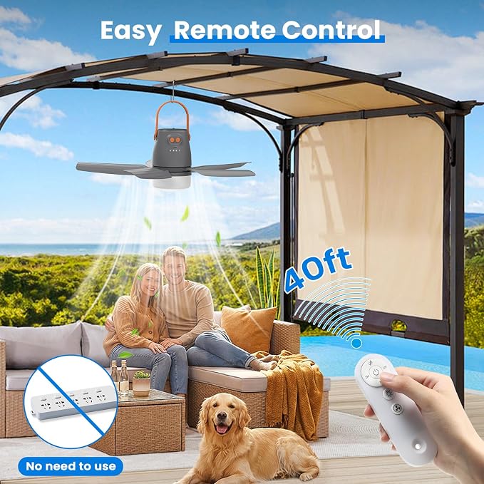 20" Portable Ceiling Fan with Light & Remote,20400mAh Battery Operated Outdoor Ceiling Gazebo Fan for Patios/Canopy/Cruise,Rechargeable Battery Powered Fan,Hangable Camping Light Fan,Camping Essential