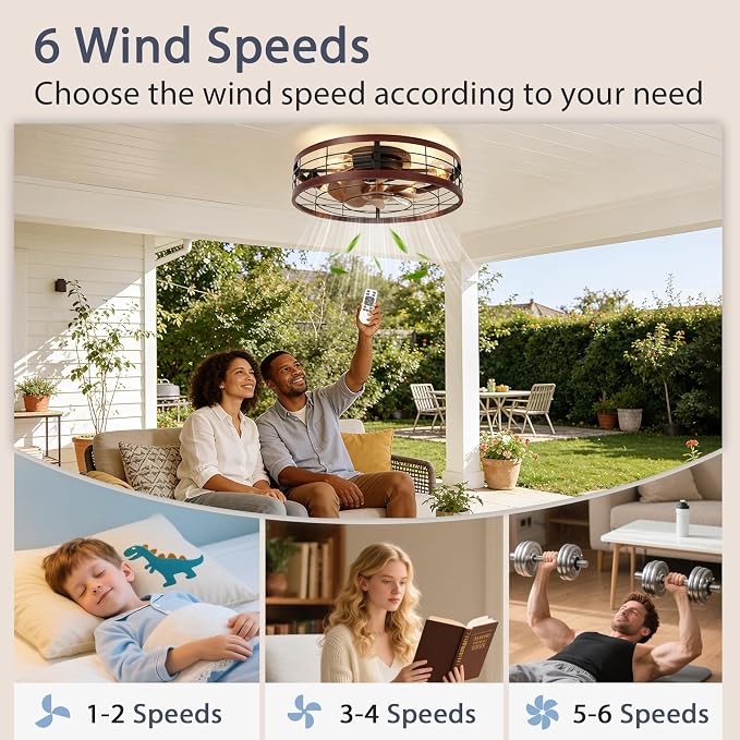 VOLISUN Farmhouse Caged Ceiling Fans with Lights Flush Mount, 19.7'' Rustic Low Profile Ceiling Fan with Light and Remote, Bladeless Fandelier Ceiling Fans with Lights for Kitchen, Bedroom(Wood)