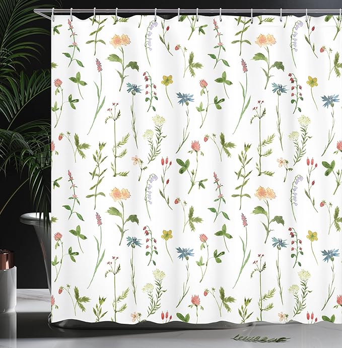 Ambesonne Floral Shower Curtain, Spring Season Themed Watercolors Painting of Herbs Flowers Botanical Garden Artwork, Cloth Fabric Bathroom Decor Set with Hooks, 69" W x 84" L, Ivory