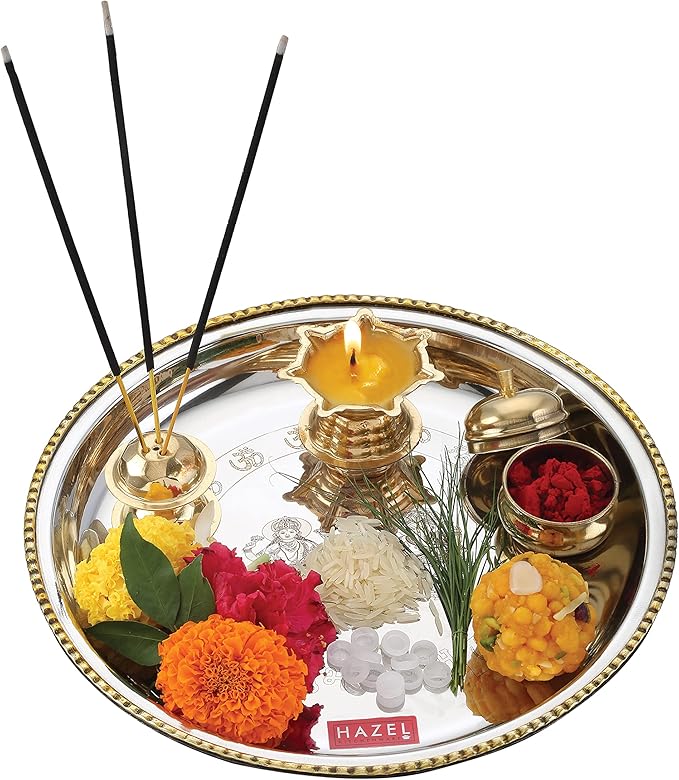 HAZEL Stainless Steel Puja Pooja Aarti Thali Set, 22 cm with 1 Pc Diva, Agarbatti Incense Holder and Kumkum Wati, Silver