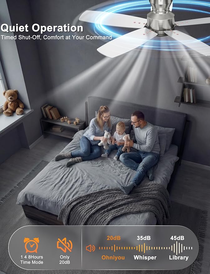 Ohniyou 42 Inch Ceiling Fan No Light, Low Profile Ceiling Fan with Remote and App Control, Flush Mount Ceiling Fan without Light for Bedroom Kitchen Covered Patios, Quiet DC Motor, Silver