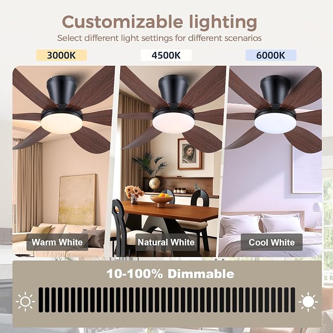 GJeg Ceiling Fans with Lights,42" Flush Mount Ceiling Fan with Light and Remote Control,Low Profile, Reversible, Dimmable, Noiseless, Brown Ceiling Fan for Bedroom