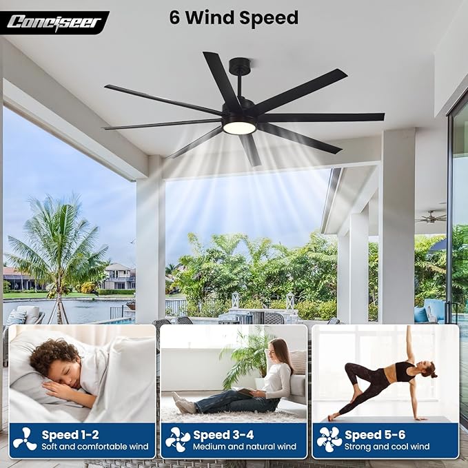 Modern Ceiling Fans with Lights, 72 Inch Ceiling Fan with Light and Remote, Bedroom Living Room Library Cafe Outdoor/Industrial,24W 6CCT Dimmable, 8 Blades 6 Speed Reversible Quiet DC Motor, Black