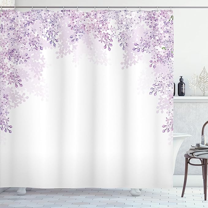 Ambesonne Flower Shower Curtain, Framing Lilac Flowers in Blossom Vernal Season Soothing Color Shades, Cloth Fabric Bathroom Decor Set with Hooks, 69" W x 84" L, Lavender White