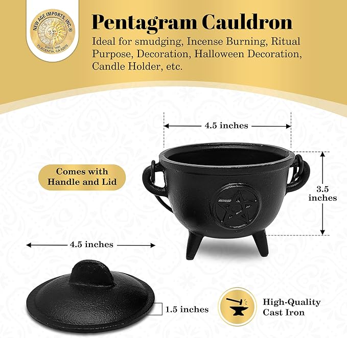 New Age Imports, Inc. Pentagram Cast Iron Cauldron w/Handle & lid, Ideal for smudging, Incense Burning, Ritual Purpose, Decoration, Halloween Decoration, Candle Holder, etc. (Pentagram - BR95)