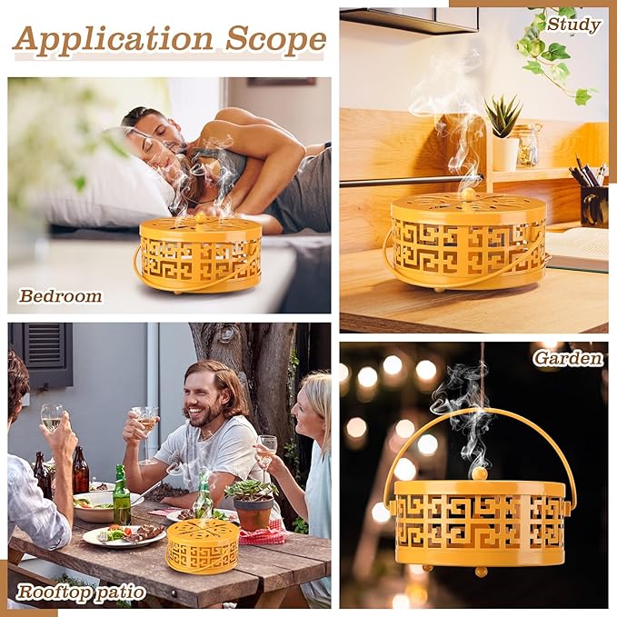 Lallisa 4 Pieces Mosquito Coil Holder Incense Coil Holder Round Retro Portable Metal Hanging Incense Burner with Handle for Home Camping Indoor Outdoor Patio(Yellow)