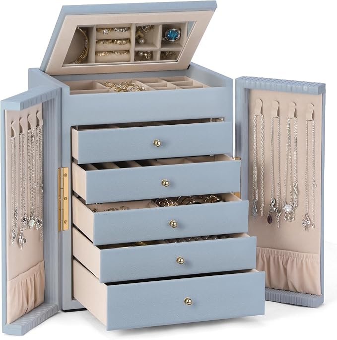 Dajasan Large Jewelry Organizer Box, 6-Tier Jewelry Storage Case with 5 Drawers, Jewelry Boxes for Women Girls with Mirror, Double Door, Textured PU Leather, Gift Idea, Stylish (Blue + Gold)