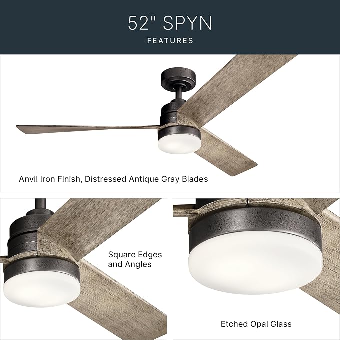 Kichler Spyn 52" Ceiling Fan with LED Lights in Anvil Iron, 3-Blade Contemporary Industrial Ceiling Fan, 3000K, Included Wall Control, (52" W x 14.5" H), 300275AVI
