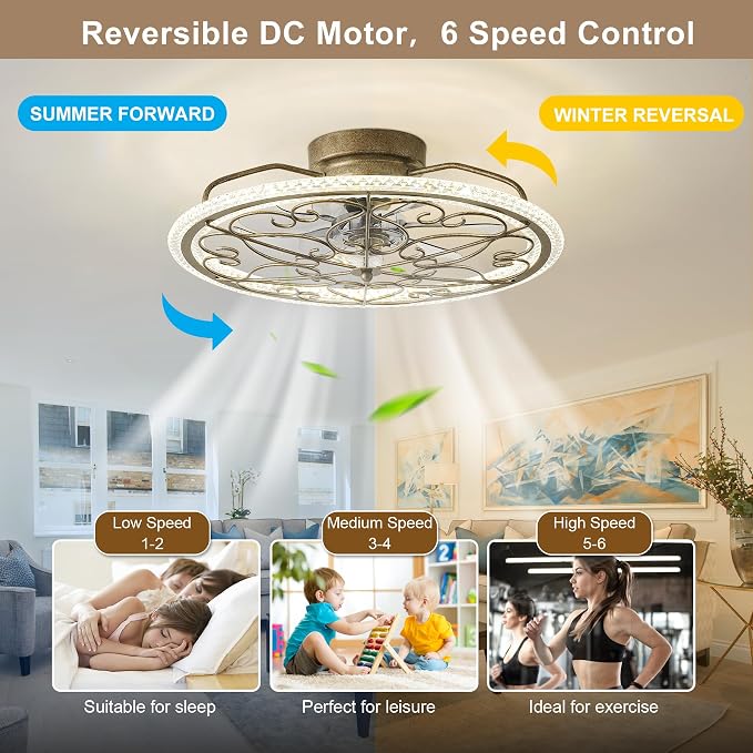 Low Profile Ceiling Fan with Lights 20" Ceiling Fan with Remote Bladeless Ceiling Fan Boho Vintage Flush Mount Ceiling Fan with Light 3 Color Smart LED Dimmable,Handmade Antique Vintage Silver