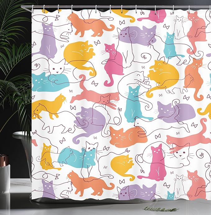 Ambesonne Cat Shower Curtain, Colorful Cats Jumping Playing Sitting Relaxing Feline Joyful Modern Line Art, Cloth Fabric Bathroom Decor Set with Hooks, 69" W x 70" L, Mustard Purple