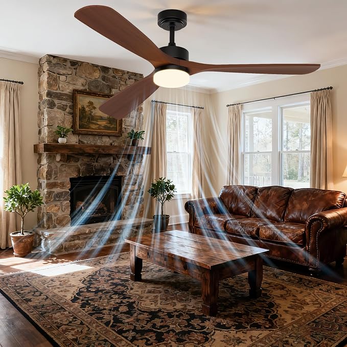 60 Inch Ceiling Fans with Lights and Remote Control, Walnut Ceiling Fan with Light for Bedroom, Living Room, Covered Outdoor, 6 Speeds Reversible Noiseless DC Motor, 3CCT, Dimmable LED Light