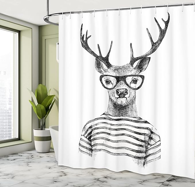 Ambesonne Deer Shower Curtain, Monochrome Sketch Dressed Reindeer Headed Human Hipster Style Glasses Stripped Shirt Portrait, Cloth Fabric Bathroom Decor Set with Hooks, 69" W x 75" L, Charcoal Grey