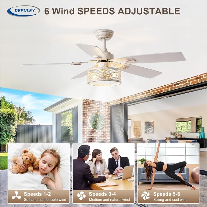 Depuley 52in Ceiling Fans with Lights: 2 Pack White Gold Caged Ceiling Fan with Remote - Farmhouse Ceiling Fan with Dual Finish 5 Blades for Living Room 6 Speeds Timer Reversible E26 Bulbs Included