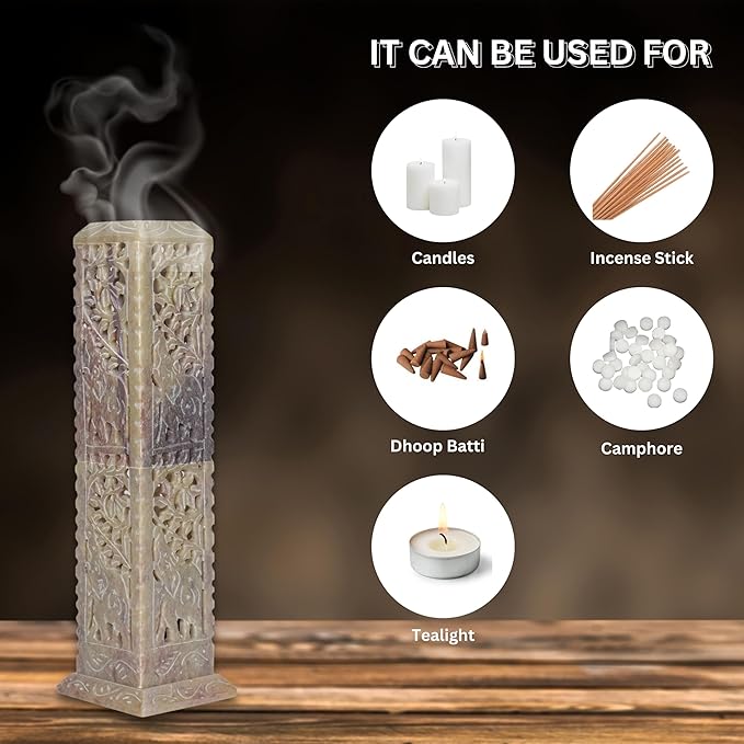 Handmade Stone Incense Stick Holder | Unique King Size Long Tower Burner | Camphore - Tealight - Dhoop Batti - Candles Holder for Yoga, Meditation and Home Decor. (Elephant)