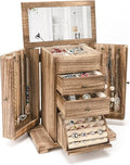 Emfogo Jewelry Box for Women, Rustic Wooden Jewelry Boxes & Organizers with Mirror, 4 Layer Jewelry Organizer Box Display for Rings Earrings Necklaces Bracelets (Rustic Brown)