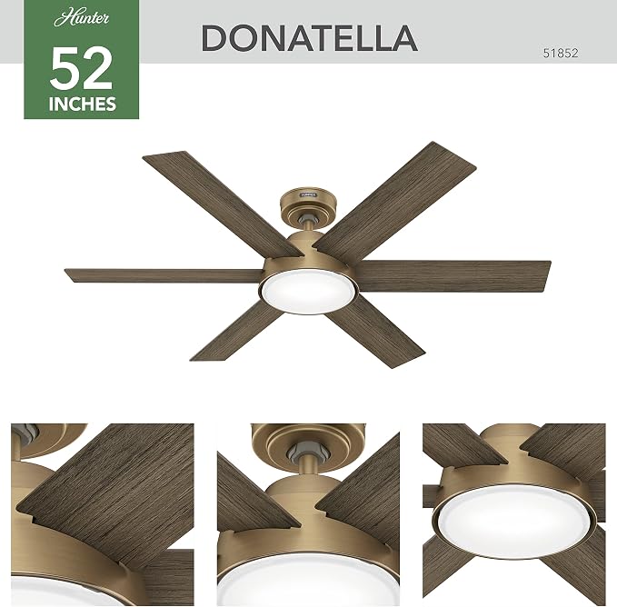 Hunter Donatella, Indoor, Ceiling Fan, Standard Mount, 52 inch, Luxe Gold | with LED Light and Remote Control, Quiet, 6 Blades, For Bedroom, Living Room, Kitchen, 51852