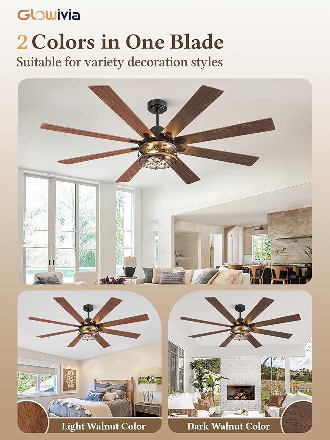 65 Inch Ceiling Fans with Lights, Farmhouse Ceiling Fan with Lights and Remote, Dual Finish 8 Blades Black Caged Rustic Ceiling Fans with 6 Speed Reversible Motor for Indoor/Covered Outdoor