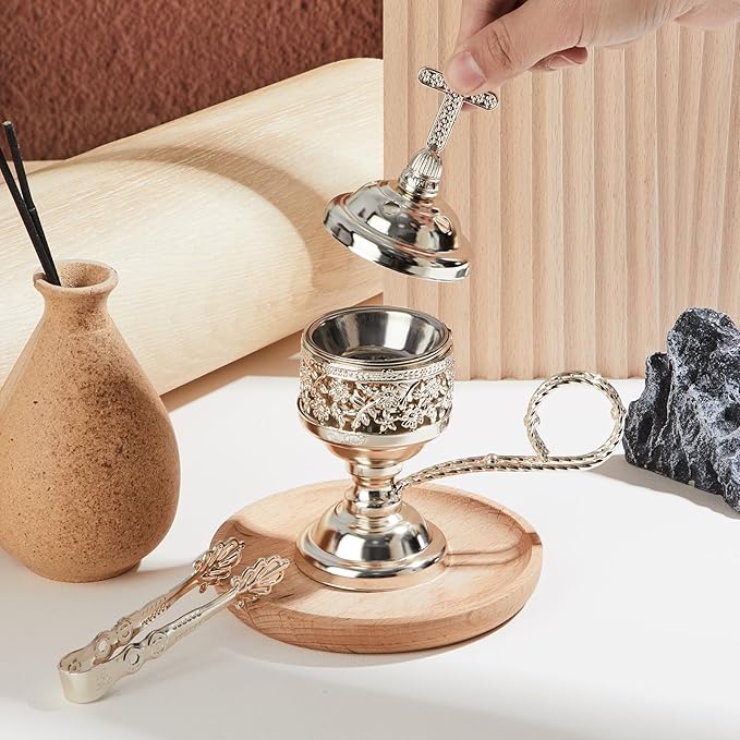 Zonon 2 Sets Incense Burner with Tong, Frankincense Charcoal Incense Stand Holder, Ideal for Yoga, Spa, Aromatherapy, Home and Christian Church Censer (Silver,Classic)