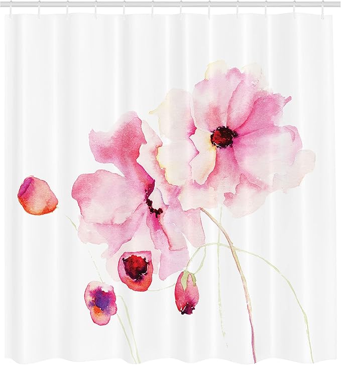 Ambesonne Watercolor Flower Shower Curtain, Poppies in Soft Colors Dreamy Fresh Spring Season Inspired Image, Cloth Fabric Bathroom Decor Set with Hooks, 69" W x 75" L, Pink White