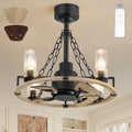 Wagon Wheel Rustic Chandelier Ceiling Fan with Light, 20 inch Farmhouse Caged Ceiling Fans, Quiet Reversible Motor, Dual Finish Blades, Wood Bladeless Fan Lights Ceiling Fixtures for Bedroom Kitchen