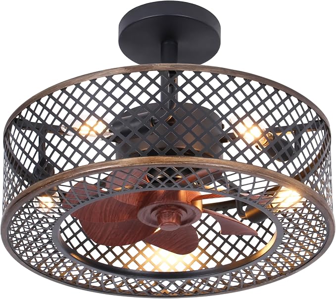 REDSTAR Caged Ceiling Fans with Lights, Black Industrial Ceiling Fan with Light and Remote, Farmhouse Ceiling Fan Light for Living Room, Bedroom, Kitchen (Modern Minimalist)