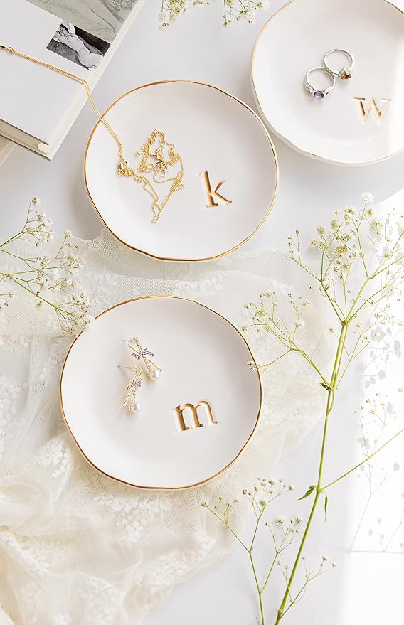 COLLECTIVE HOME Ceramic Jewelry Tray, Trinket Dish, Gifts for Women (U) | Mother's Day, Birthday, Christmas, Engagement Gifts, Vanity, Nightstand Decor, Embossed Gold Monogram Ring Dish with Gift Box