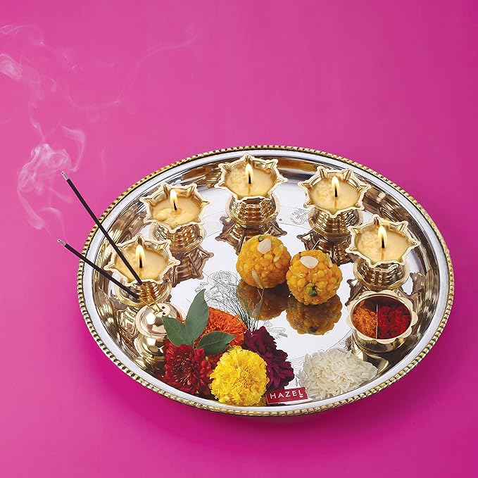 HAZEL Stainless Steel Pooja Aarti Thali Set, 11 inches with 5 Pcs Diva, 1 Pc Incense Holder and Kumkum Wati, Silver