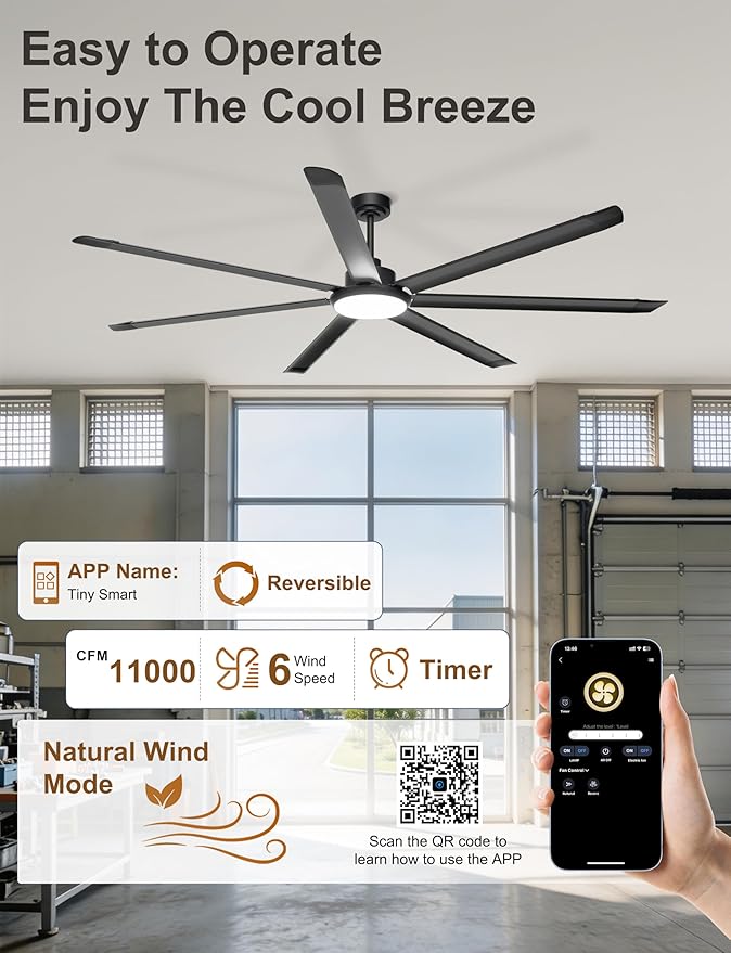Ohniyou 84'' Large Ceiling Fan with Lights, High CFM Industrial Ceiling Fan Remote/APP Control, 7 Aluminum Blades, 3CCT, for Warehouse, Shop, Gym, Black