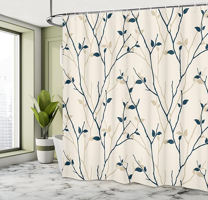 Ambesonne Leaf Shower Curtain, Branches in The Fall Trees Stem Twig Last Few Leafage Minimalistic Design Art, Cloth Fabric Bathroom Decor Set with Hooks, 69" W x 70" L, Beige Dusk