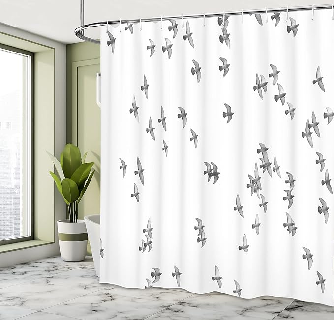 Ambesonne Lifestyle Shower Curtain, Group of Pigeon Gulls Birds Dove Flying on Sky Urban Scenic Move on Photo Print, Cloth Fabric Bathroom Decor Set with Hooks, 69" W x 75" L, Ivory Grey