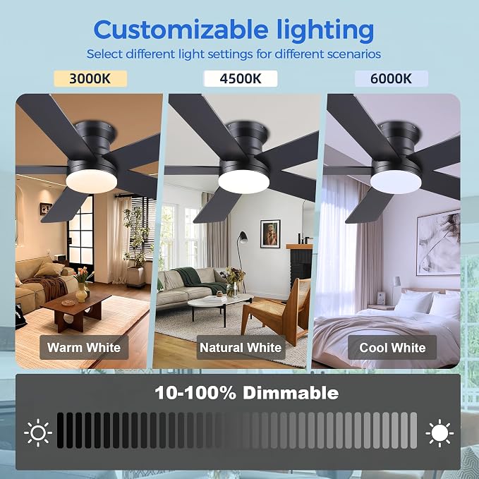 Ayaoty Ceiling Fans with Lights - 48" Black Flush Mount Ceiling Fan Light with 6 Speeds 3CCT Dimmable, Revesible Motor, Low Profile Fan Light for Modern Indoor Bedroom, Kitchen