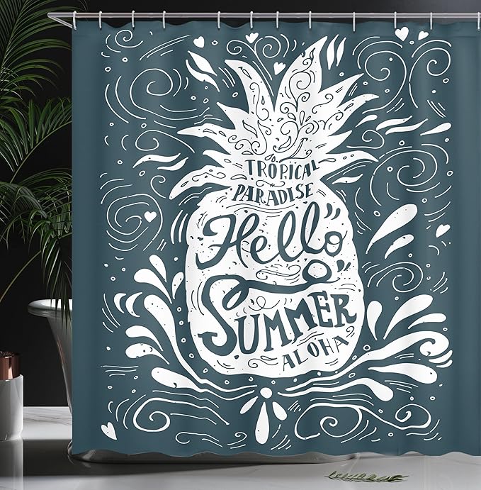 Ambesonne Summer Shower Curtain, Print Hello Summer Aloha with a Pineapple Summertime Tropic Exotic Warm Weather, Cloth Fabric Bathroom Decor Set with Hooks, 69" W x 75" L, White Black