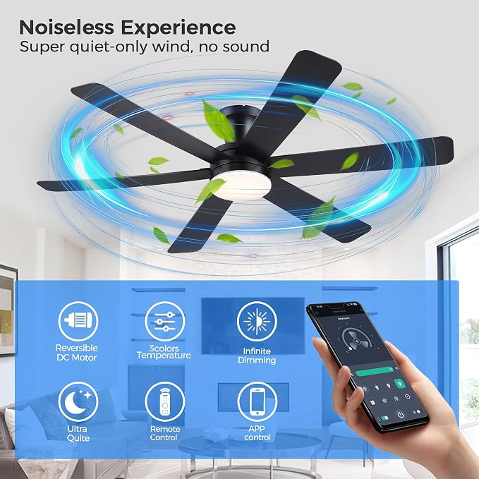 GJeg Ceiling Fans with Lights,46" Low Profile Ceiling Fan with Light and Remote Control,Flush Mount, Reversible, Dimmable, Noiseless, Black Ceiling Fan for Bedroom
