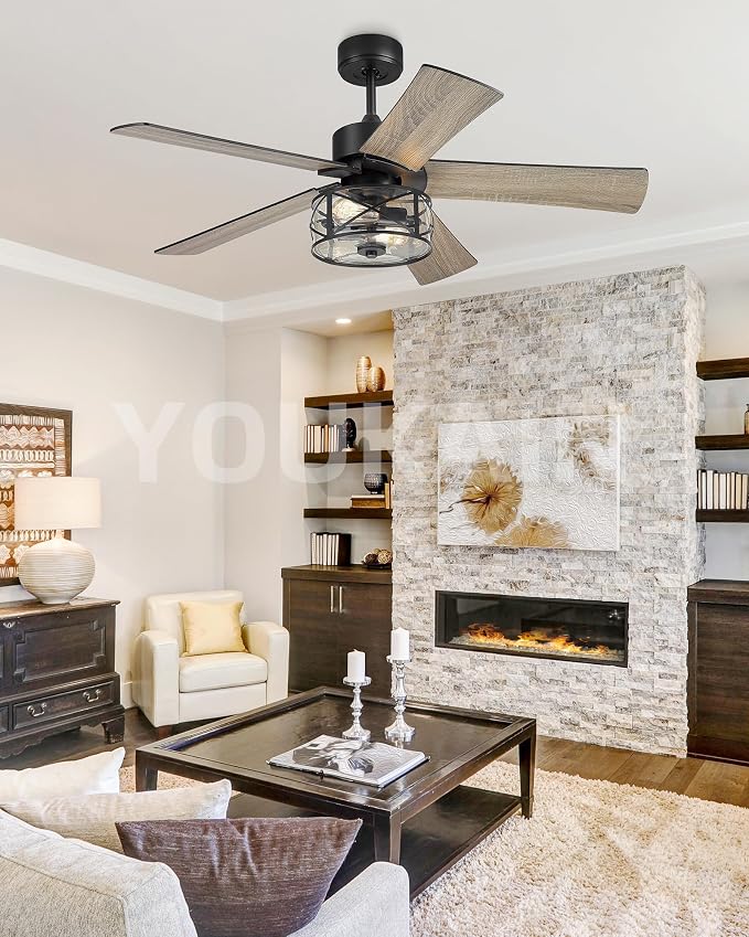 YOUKAIN 48 Inch Farmhouse Ceiling Fan with Light and Remote,Industrial Black Ceiling Fan with Glass Shade,5 Reversible Matte Black & Wood Blades,Quiet Indoor Ceiling Fan for Bedroom, 52-YJ632
