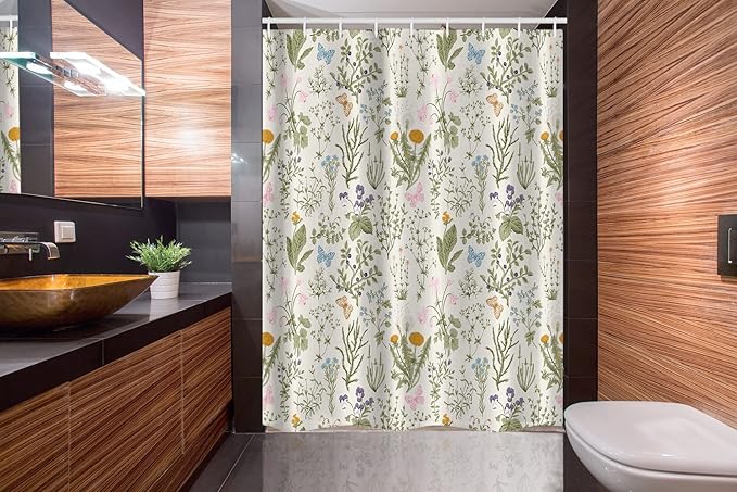 Ambesonne Floral Stall Shower Curtain, Vintage Garden Plants with Herbs Flowers Botanical Classic Design, Fabric Bathroom Decor Set with Hooks, 54" X 78", Green Orange