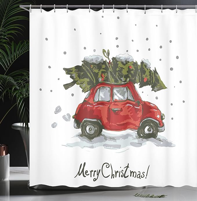Ambesonne Christmas Shower Curtain, Retro Style Car Xmas Tree Vintage Family Illustration Snowy Winter Art, Cloth Fabric for Bath Decor Bathroom Decor Set with Hooks, 69" W x 84" L, Green Vermilion
