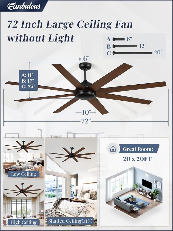 Fanbulous 72 Inch Black Ceiling Fan no Light with Remote | Large Ceiling Fan, 6-Speeds, Quiet Reversible DC Motor, Industrial Ceiling Fans without Lights , Living Room, Garage, Patio