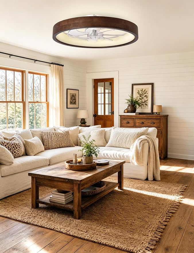 24'' Ceiling Fan with Light Fandelier Flush Mount Low Profile Wood Ceiling Fan with Dimmable LED Light 3 Color 6 Speeds