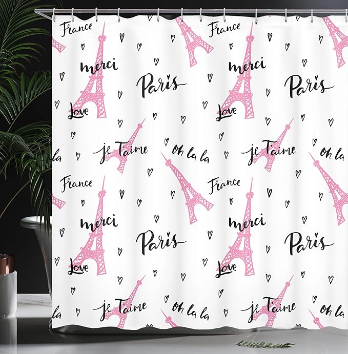 Ambesonne Eiffel Tower Shower Curtain, France Paris Oh La La Eiffel Tower Hearts Calligraphy Doodle Style Artwork, Cloth Fabric Bathroom Decor Set with Hooks, 69" W x 70" L, Black Pink