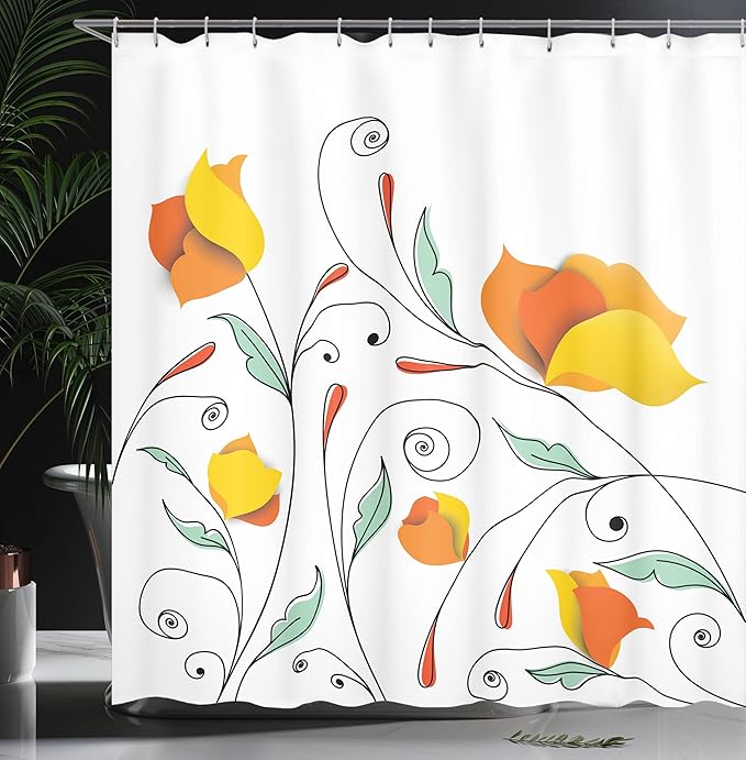 Ambesonne Floral Shower Curtain, Bouquet with Swirled Branches Romantic Paper Flowers Origami Autumn Blooms Image, Cloth Fabric Bathroom Decor Set with Hooks, 69" W x 70" L, Mint Orange