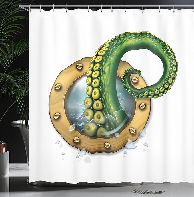 Ambesonne Octopus Shower Curtain, Ship Porthole Tentacles, Cloth Fabric Bathroom Decor Set with Hooks, 69" W x 70" L, Fern Brown