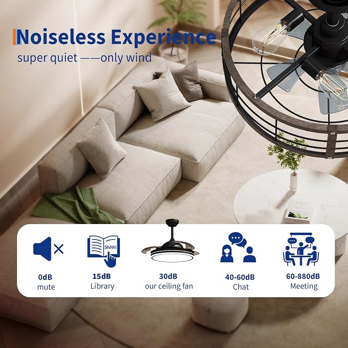 GarveeHome Caged Ceiling Fan 20in with Light, Flush Mount Fan Light Fixture | Metal Cage Flush Mount Ceiling Fan with Light, Remote Control Farmhouse Fan Light for Bedroom