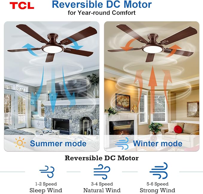 TCL 52" Ceiling Fan with Light: Wood Grain Blades Copper Bronze Finish Low Profile Ceiling Fan with Light and Remote Control Flush Mount DC Reversible Motor Noiseless 6 Speeds for Bedroom(Brown)